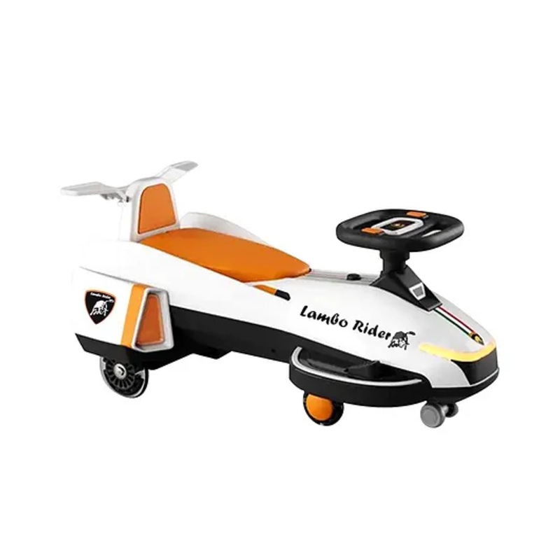 Kidsmate Lambo Rider 2-in-1 Electric & Manual Swing Car | Battery-Operated Ride-On for Kids 1-4 Years | LED Lights, Music & Smooth PU Wheels for Endless Fun – White