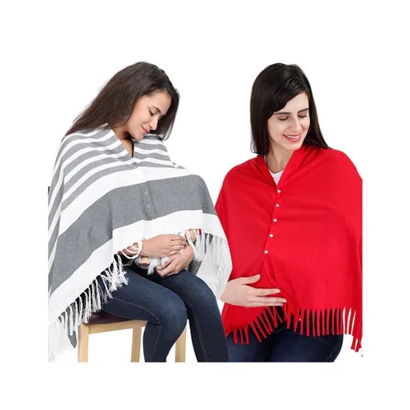 Lulamom Multi-Purpose Breast Feeding Nursing Shawl – Pack of 2 (Grey stripes & Red solid)