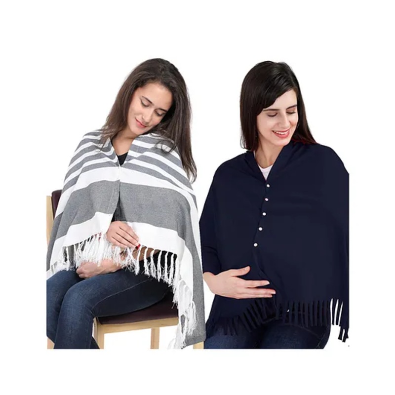 Lulamom Multi-Purpose Breast Feeding Nursing Shawl – Pack of 2 (Navy stripes & Navy solid)