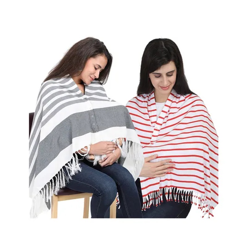 Lulamom Multi-Purpose Breast Feeding Nursing Striped Shawl – Pack of 2 (Grey & Red )