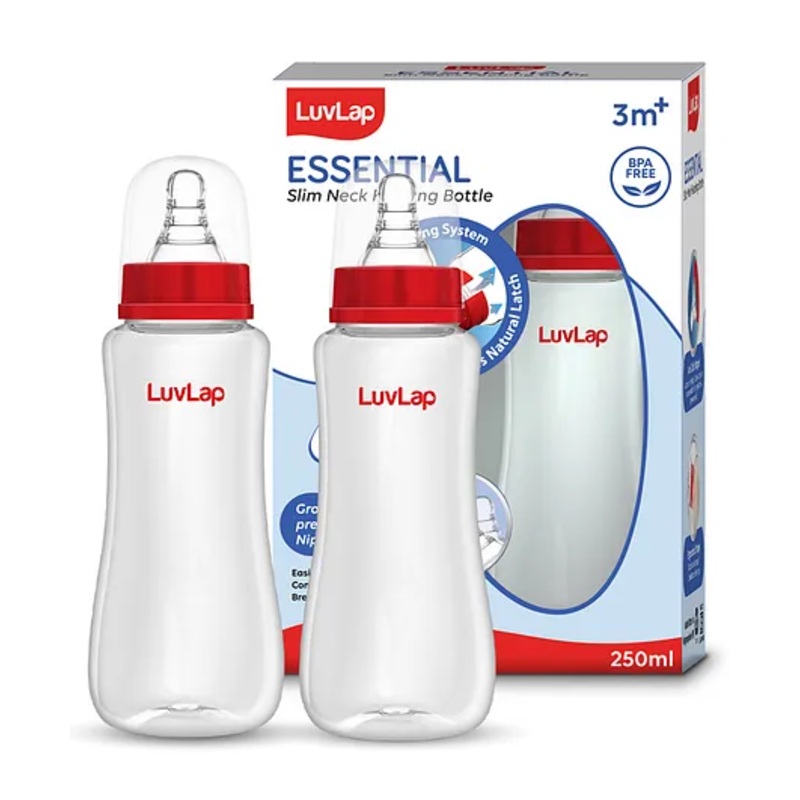 LuvLap Baby Essential Slim Neck Feeding Bottle, 250ml, with Anti-Colic Nipple, BPA Free, Pack of 2, Red