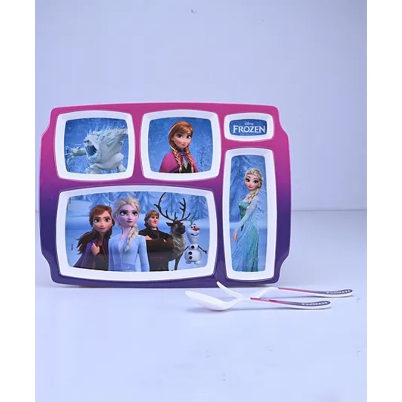 Servewell Frozen Theme 5 Section Rectangular Plate with Fork & Spoon – Purple (Color and design may vary)