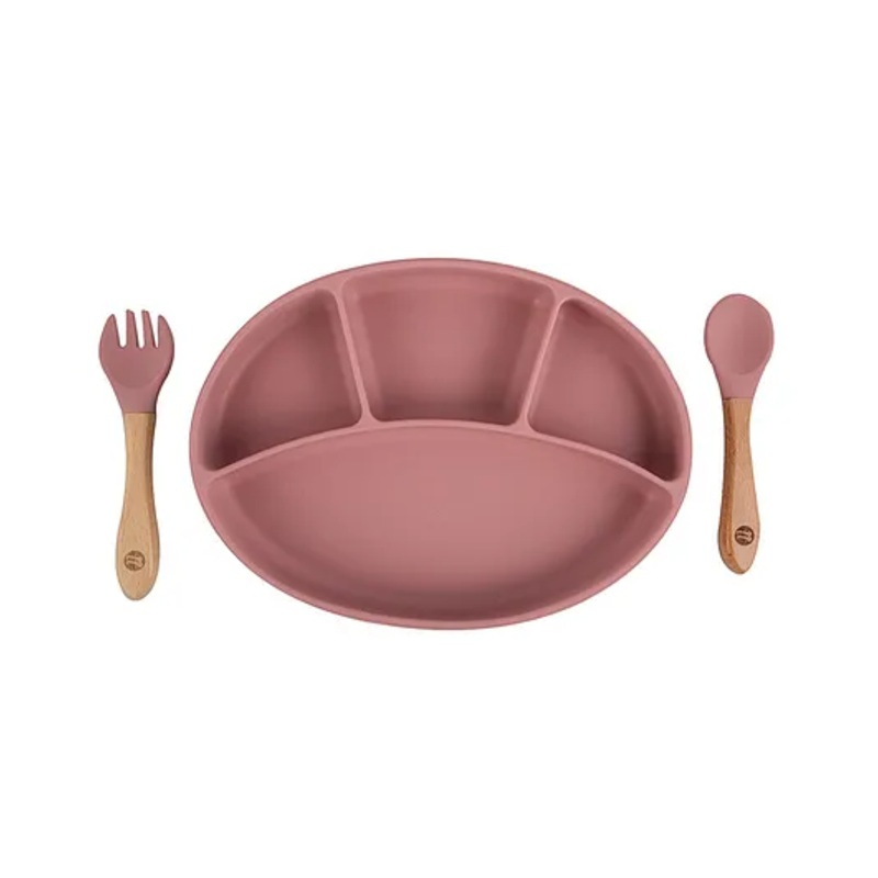 Taabartoli Silicone Plate With Suction Bamboo Spoon and Fork Set – Pink