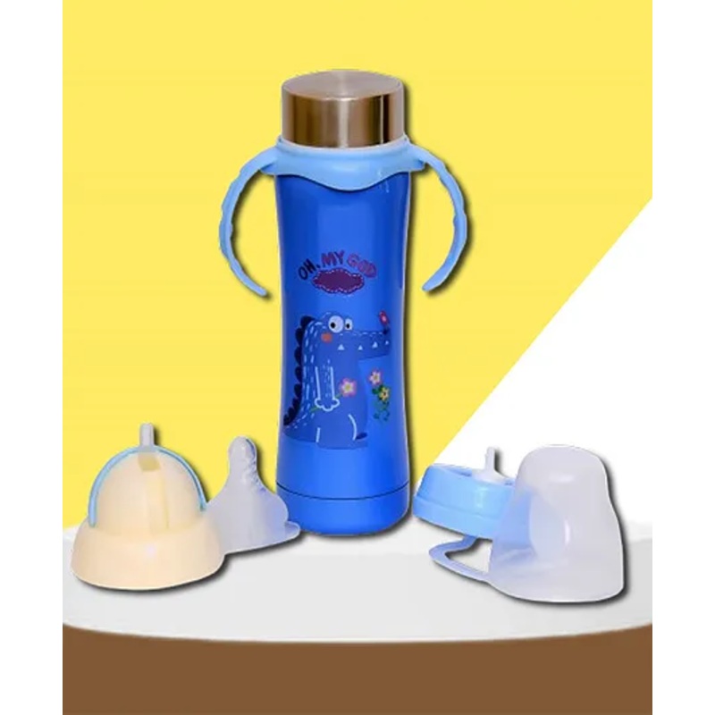 The Cheeky Kidzz Baby Multi-Functional 3 In 1 Printed Stainless Steel Attractive Thermal Baby Straw Nipple Feeding Water Juices Milk Sipper 240 ml Feeder Bottle -PRINTED BLUE
