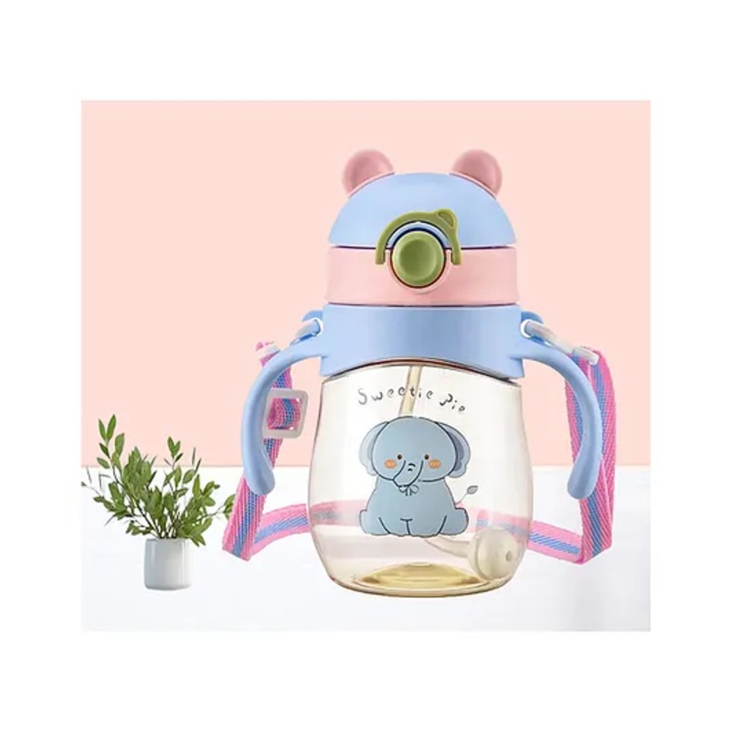 The Cheeky Kidzz Baby Premium Unbreakable Feeding Bottle Feeder 300ml Cute Cartoon Design With Twin Handles & Silicone Straw Sipper BPA Free (Blue)