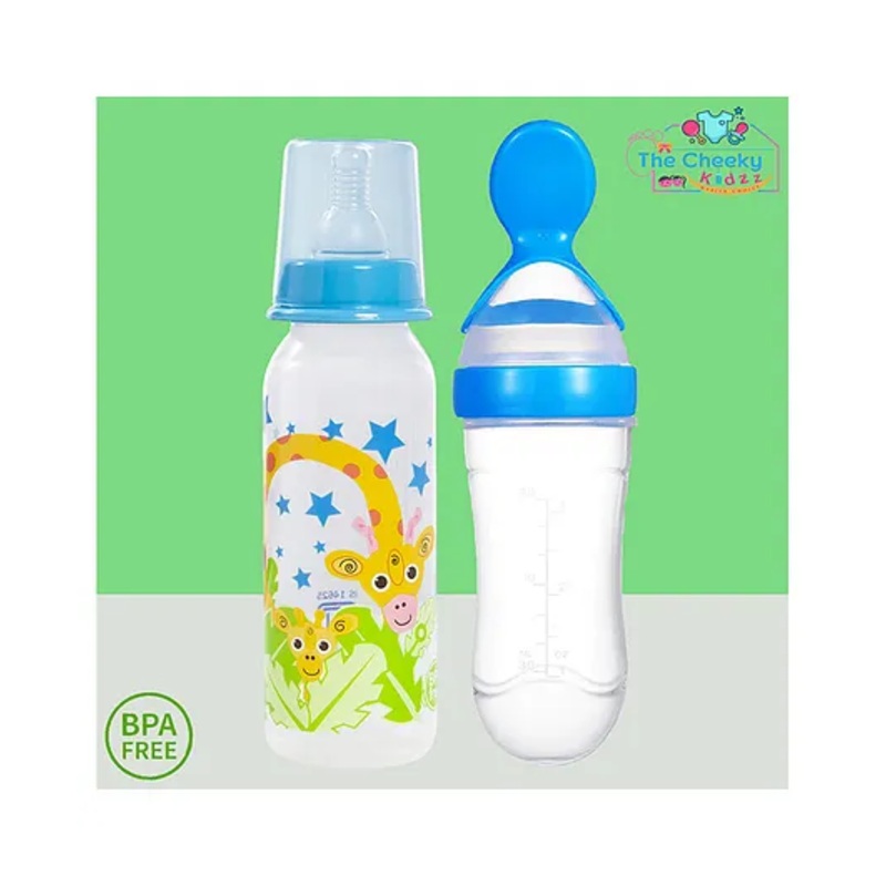 The Cheeky Kidzz Baby Soft Silicone Squeeze Spoon Feeding Bottle With Attractive Anti Colic Nipple Printed Feeding Bottle 250ml BPA Free (BLUE)