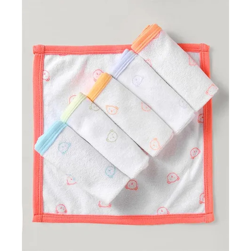 Zero Cotton Knit Wash Cloths With Bear Print Pack Of 6 White Orange & Lilac – L 24.5 x B 26 cm