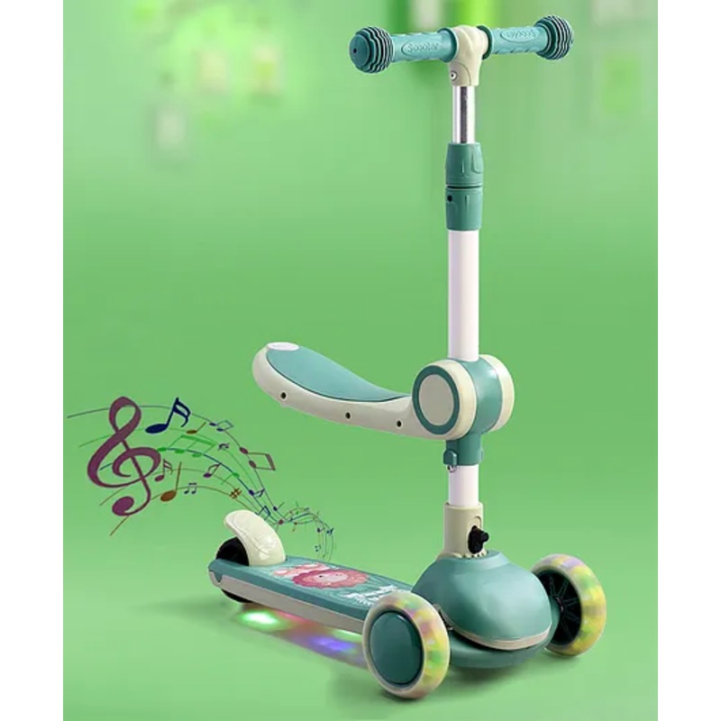 2-in-1 Kids 3 Wheel Scooter with Foldable Seat & LED Wheels – Green| Adjustable Height | Music | Lean-to-Steer | Foldable Design | Toy for 3 to 10 Yrs Boys & Girls| Sport Gift| Physical Activity