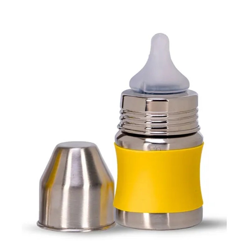 Adore Koh Stainless Steel 2 Stage Wide Neck Feeding Bottle with Silicon Sleeve- Yellow 150ml