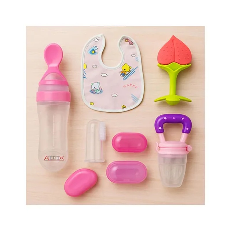 AEREX Baby Spoon Feeding Bottle, Fruit Nibbler, Silicone Finger Brush, Fruit Teether & Baby Bib Combo Feeding Bottle for Babies Feeding Combo (Pink)