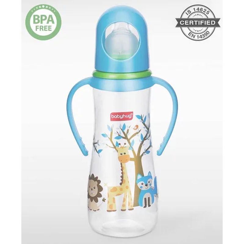 Babyhug Bubble Anti-Colic Feeding Bottle with Dual Handles – Blue & White, 250 ml | Sterilizable | BPA-Free | Bottle for Babies | Newborns | Toddlers