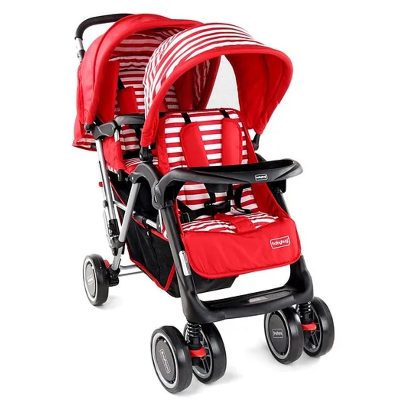 Babyhug Twinster Easy Foldable Twin Stroller with Adjustable Legrest – Red