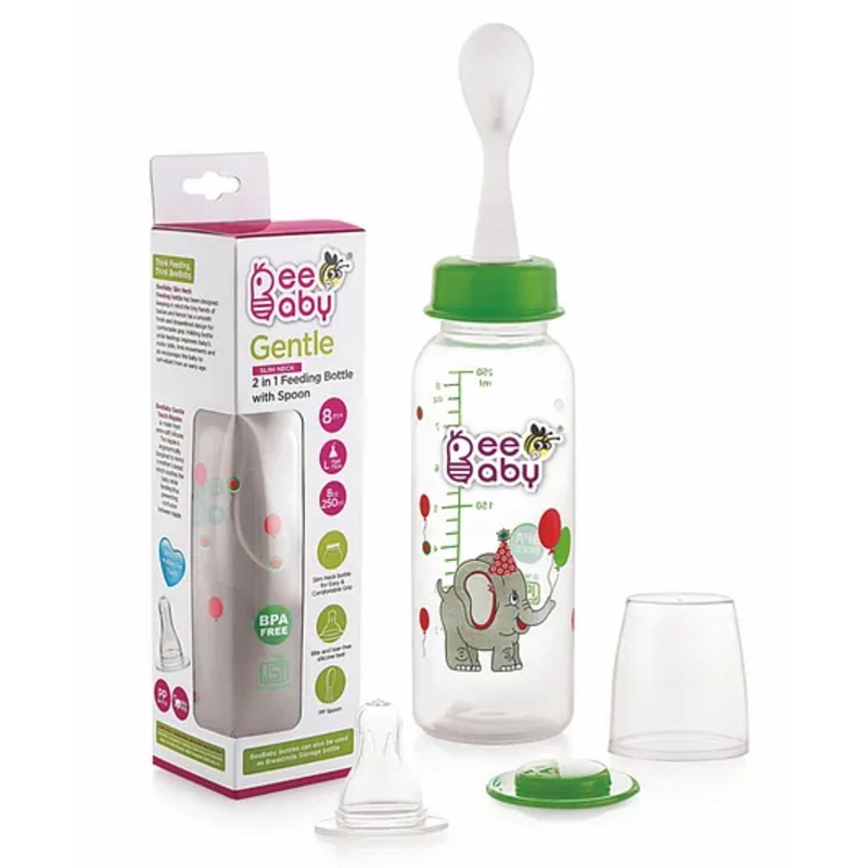 Beebaby Standard Neck Feeding Bottle With Spoon Green – 250 ml