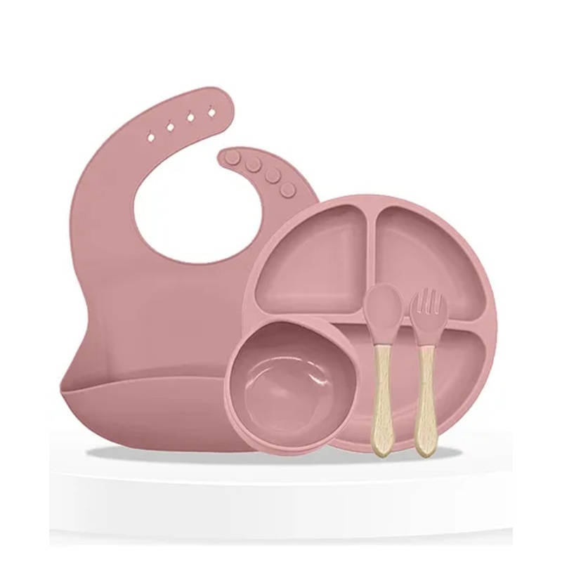 Bembika Baby Dinner Set Silicone Tableware Set With Bib For Baby Infant Pack Of 5  Pink