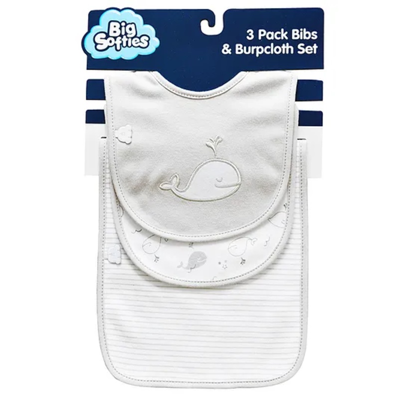 Big Softies Baby Bib & Burp Cloth Set Printed & Applique Embroidery-Whale Soft Velcro Fastener Cotton-Super Absorbent For Drooling, Teething, Burping & Feeding For Unisex 0-12 Months Pack of 3-Grey