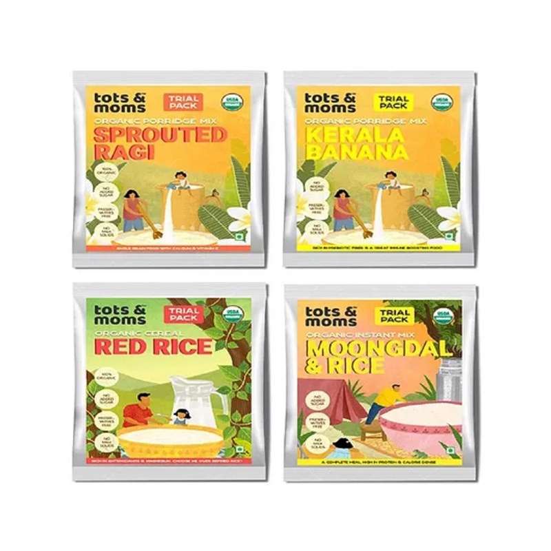 Organic Tots & Moms First Foods Pack – Combo 4 Trial Sizes, Sprouted Ragi, Kerala Banana, Red Rice, Moongdal Rice for 6-18M Babies
