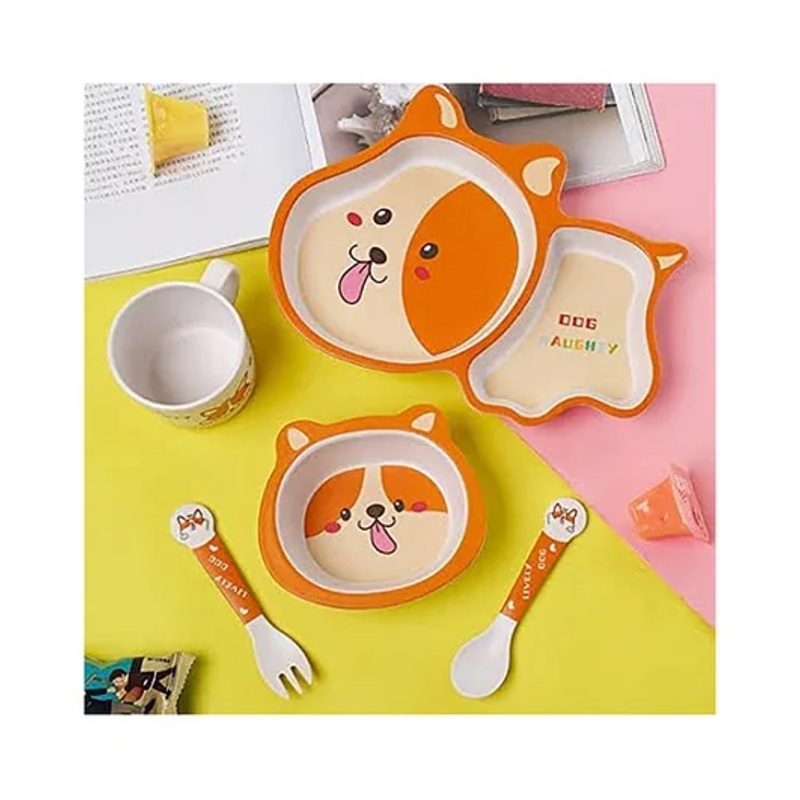 SANJARY Eco Friendly Bamboo Fiber Naughty Dog Children’s Dinnerware Baby Cute Tableware 5PCs  Set For Kids Color May Vary