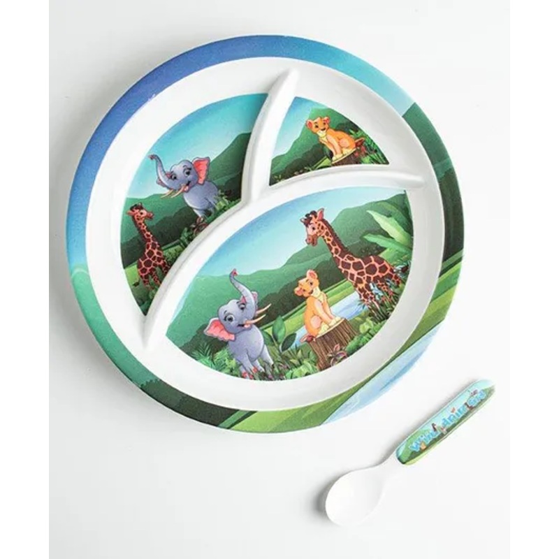 Superware Melamine Kids 3 Section plate with spoon – Wild Animal ( Set of 2 )