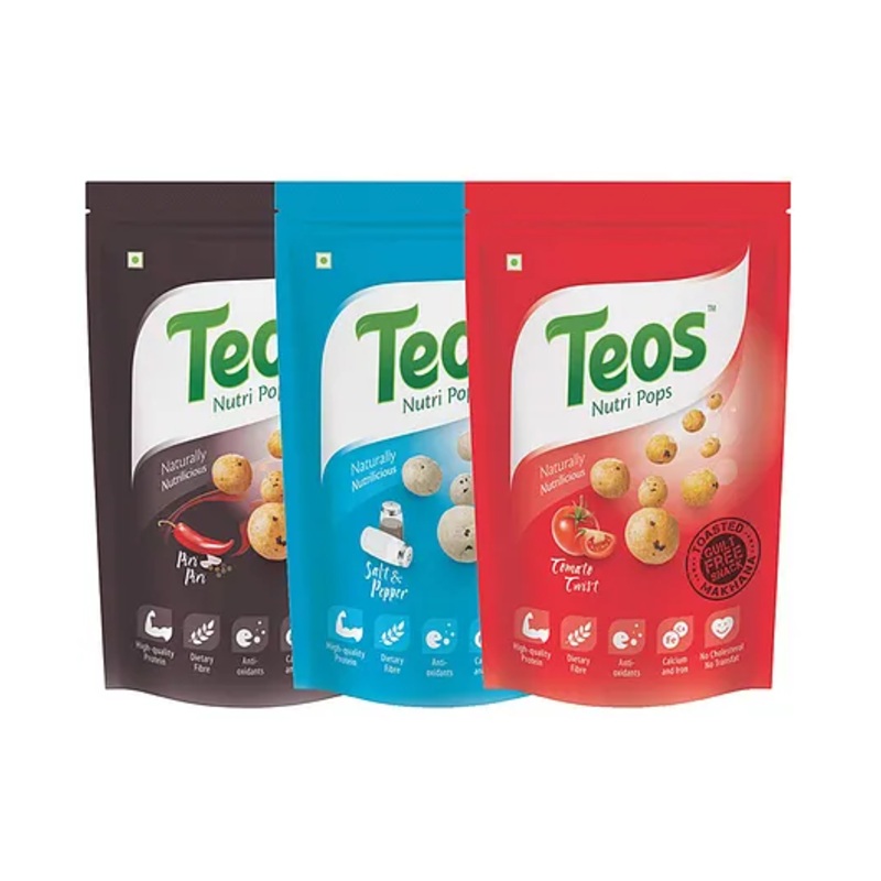 Teos Nutri Pops Roasted Makhana Piri Piri Salt & Pepper & Tomato Twist Pack of 3 – 195 g