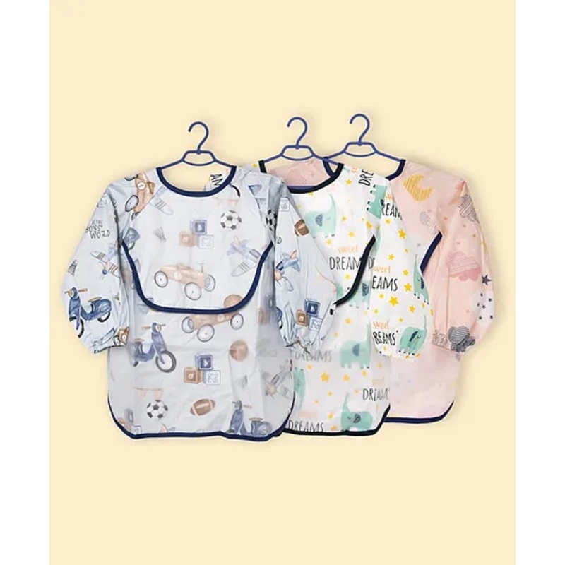 The Little Lookers Baby Bibs with Pocket I Long Sleeved Bib for Toddlers, Kids I Washable, Lightweight & Waterproof, Bibs for 6-24 Months Baby – Multicolor (pack of 3) Print May Very