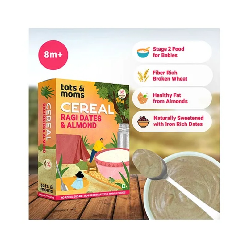 Tots & Moms Calcium Rich Instant Ragi Dates & Almonds Baby Cereal – 8+ Months, 200g , No Sugar No Milk – Preservative Free – Travel Friendly Sweetened with Dates Flavoured with Elaichi
