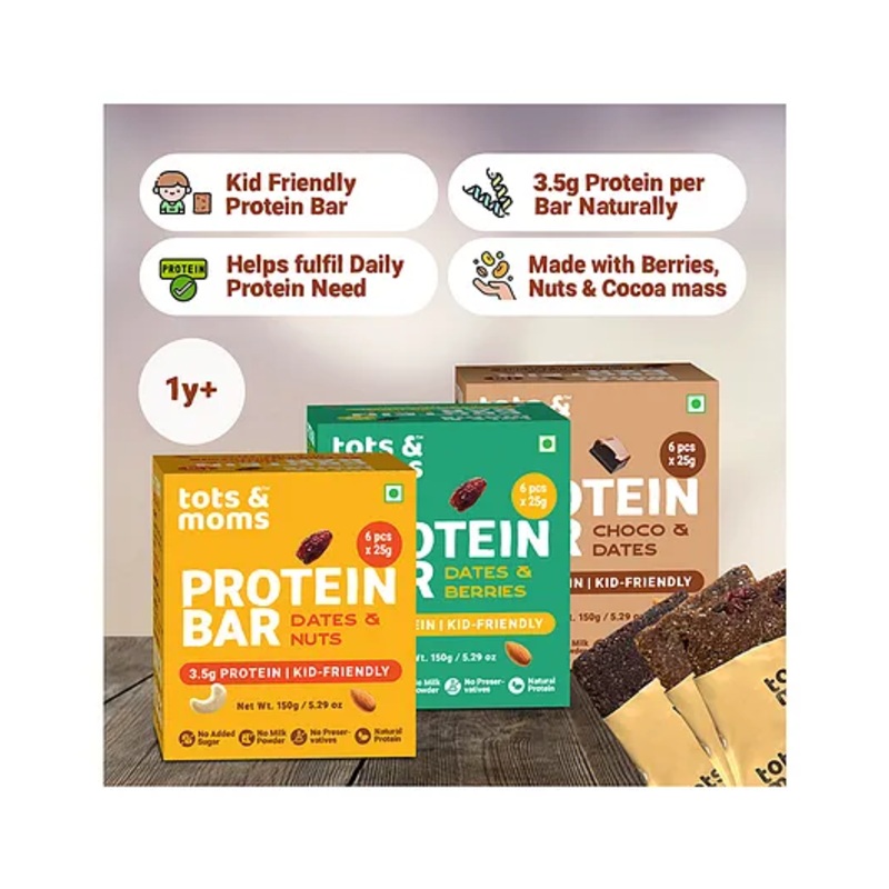 Tots & Moms Kid-friendly Protein Bars for Kids  Choco flavored Dates & Nuts, Pack of 3 | 3.5g Protein per Bar | Cocoa for Antioxidants & Oats for Fiber | Perfect Option for Healthy Snacking | (25g X 6) 150g – Each