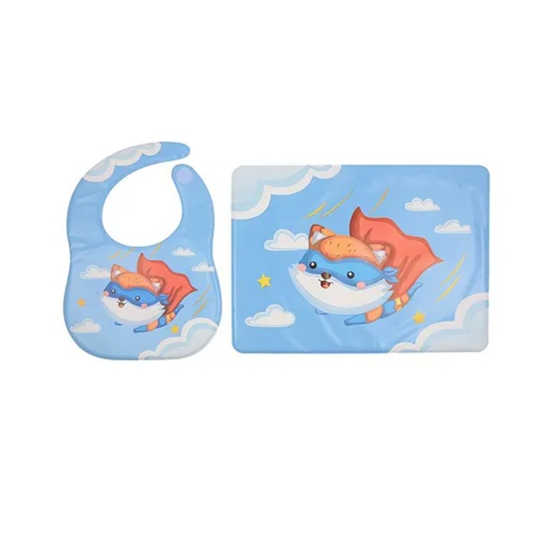 Yellow Bee Feeding Bib With Mat Flying Cat Print – Blue