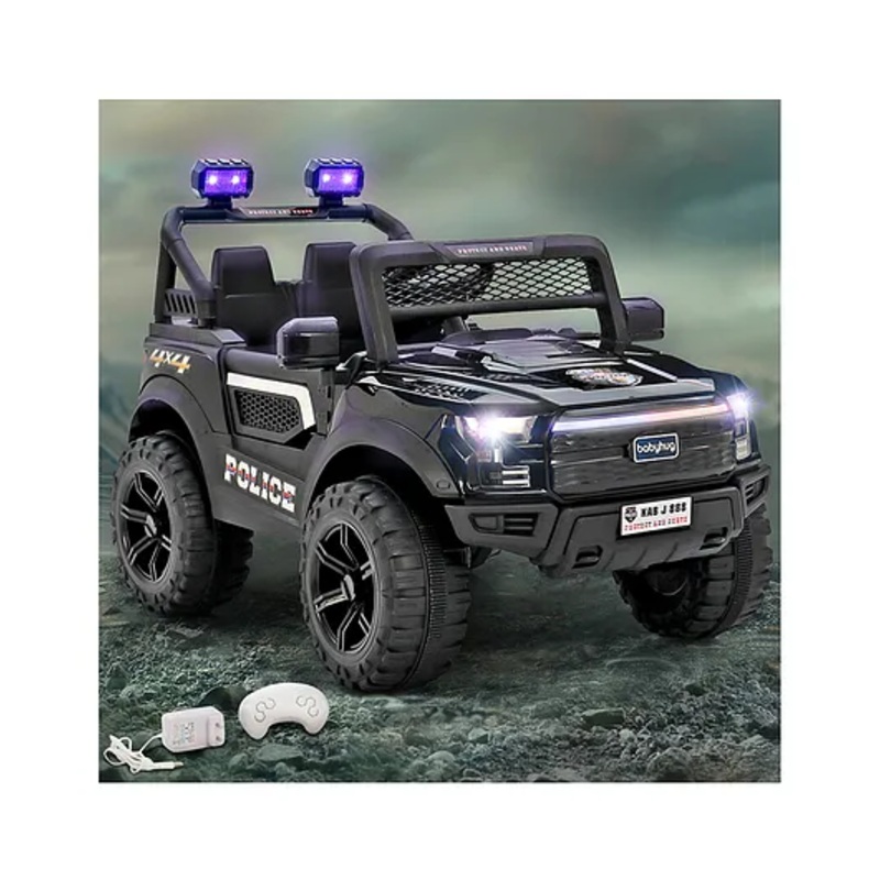 Babyhug 4×4 Battery Operated Ride on Jeep with Music & LED Lights – Black| Rechargeable Battery| Openable Doors| Built-in Music & AUX| Remote Control| Easy to Assemble| Forward & Reverse