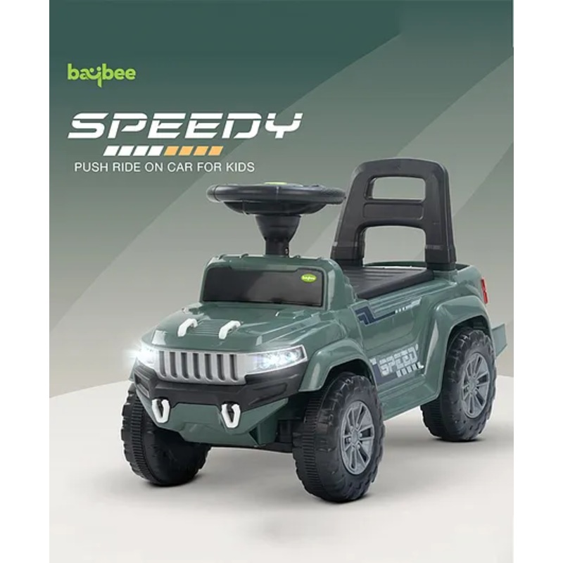 BAYBEE Speedy Manual Baby Ride On Car for Kids, Push Ride On Toy Jeep with Music & Led Light, Toddlers Push Ride Kids Car with Backrest, Under Seat Storage to Steering Wheel – Dark Green