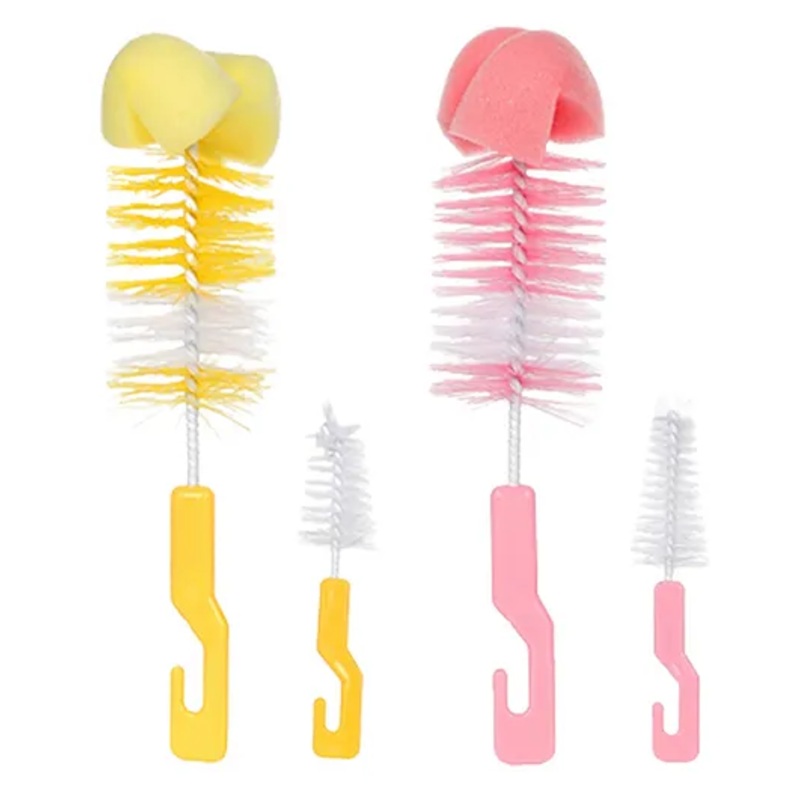 Chinmay Kids 4 Pcs Baby Milk Bottle Brush Nipple Straw Cleaner Sponge Flexible Handle & Bristles Brush Cleaner – Yellow & Pink