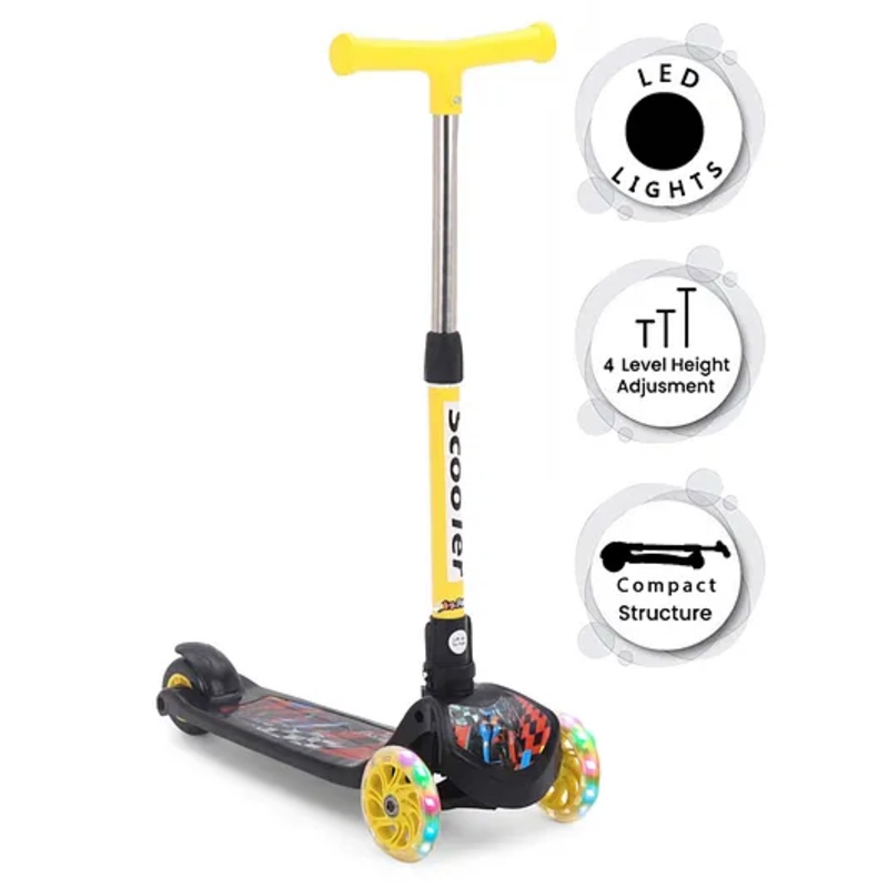 Foot to Floor Kids 3 Wheel Scooter with LED Light And 4 Level Height Adjustment – Black & Yellow| Compact Fold| Lean-to-Steer| Toy for 3 to 6 years Boys and Girls| Gifting Option| Promotes Physical Activity