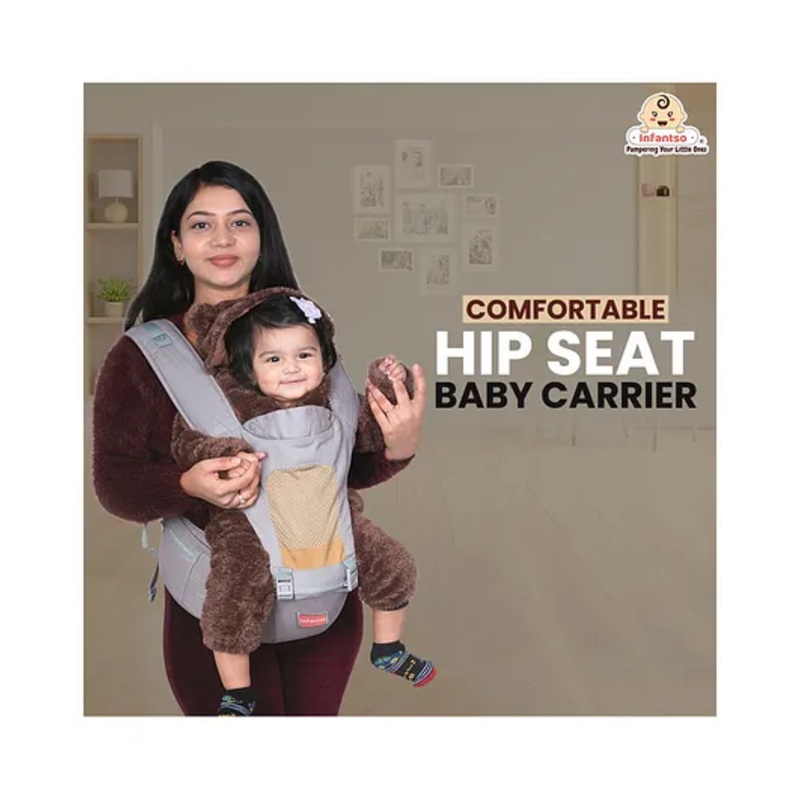 INFANTSO 4-in-1 Adjustable Hip SEAT Baby Carrier Soft & Comfortable with Safety Belt, Multi-Utility Pockets and Wide Cushioned Straps – Grey