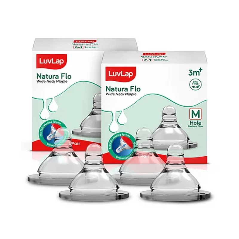 LuvLap Anti-Colic Natura Flo Teat for Wide Neck Bottle, 2pcs, Medium Flow, 3M+, BPA Free, Clear