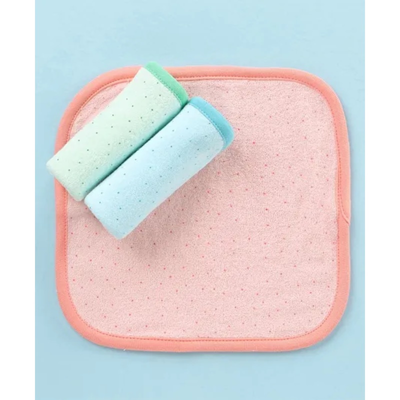 Simply Terry Knit Polka Dots Printed  Wash Clothes Pack of 3 – Green Peach &  Blue