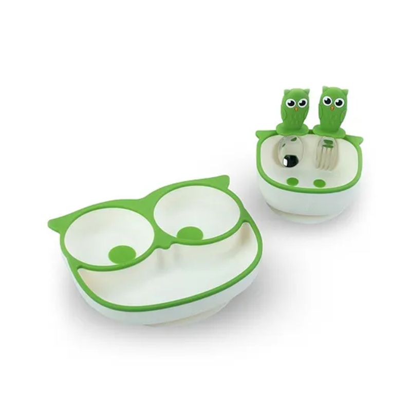 StarKiddo Owl Silicone Baby Suction Plate and Bowl for Toddler with Spoon & Fork|Baby-Led Self Feeding Stay Put Divided Feeding Weaning Plates Unbreakable Portable Non-Slip Suction Bowl (Green)
