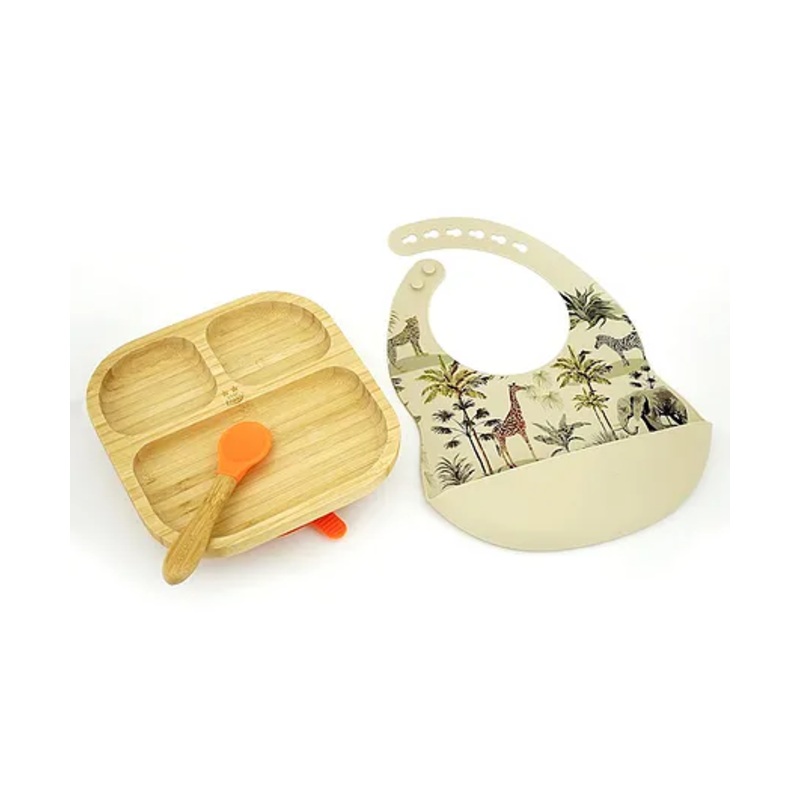 StarKiddo Slate Bamboo Suction Plates with Weaning Spoon and Cute Adjustable Printed Bib for Baby and Toddler – Orange Beige