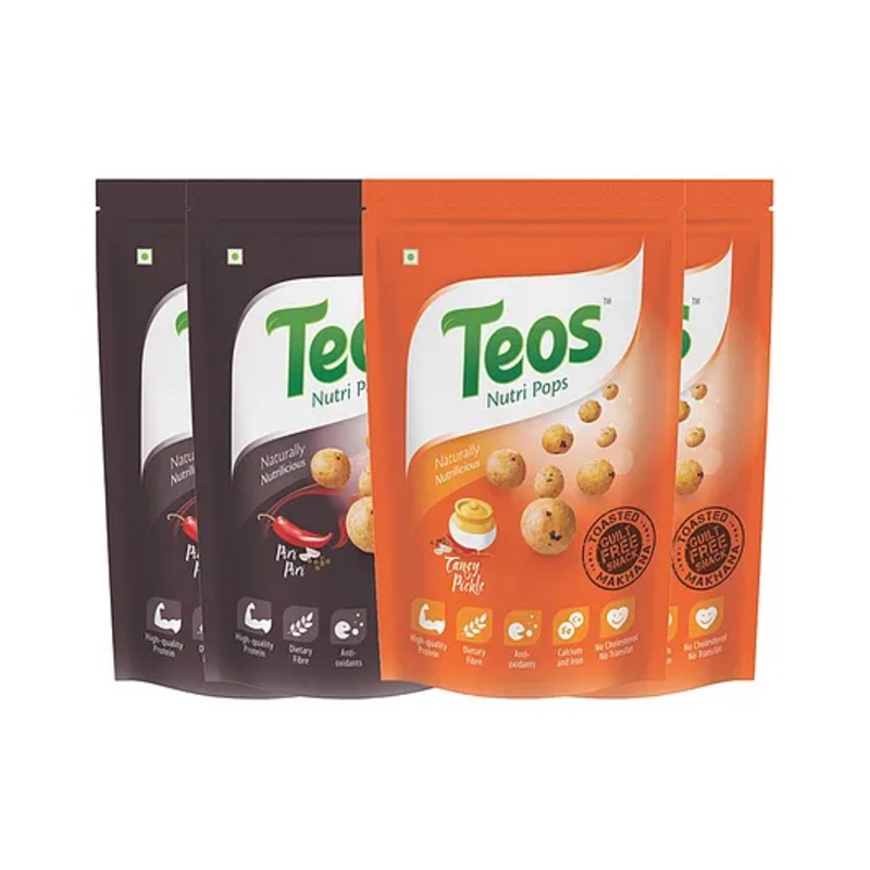 Teos Nutri Pops Roasted Makhana Snacks Piri Piri And Tangy Pickle Pack Of 4 – 65 g Each