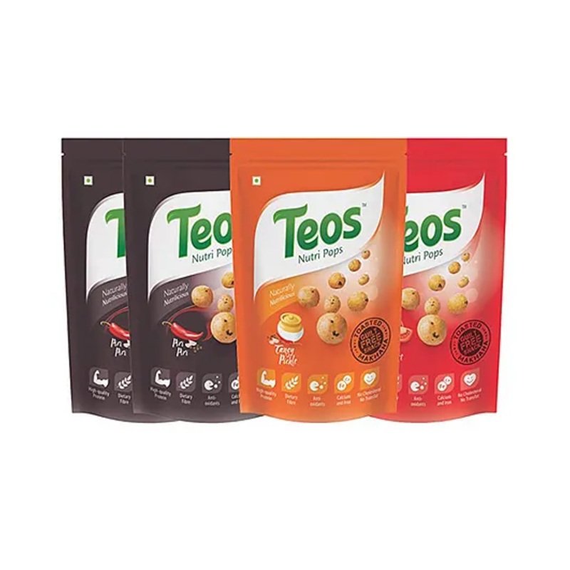 Teos Nutri Pops Roasted Makhana Snacks Piri Piri Tangy Pickle & Tomato Twist 4 x 65 g