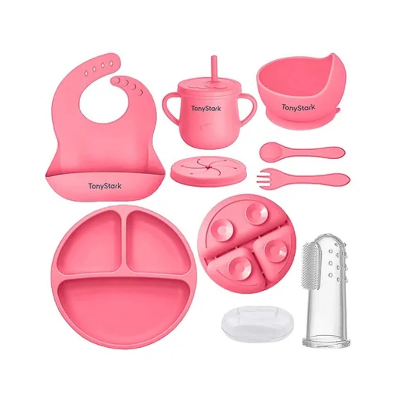 Tony Stark 6 Pcs Silicone Baby Feeding Set, BPA Free & Microwave Safe Dinner Tableware Kit – Feeding Bowl, Suction Plate, Cup, Spoon, Fork & Bib for Kids, Toddler (Pink)