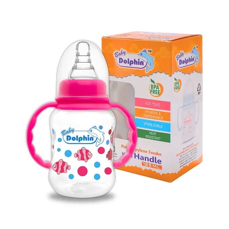Baby Dolphin Anti-Colic Plastic Feeding Bottle 125ml with Handle | Pack of 1 | Liquid Silicone Nipple | BPA Free| Anti-Colic | Handle Feeding Bottle | Baby Milk Bottle | Pink.