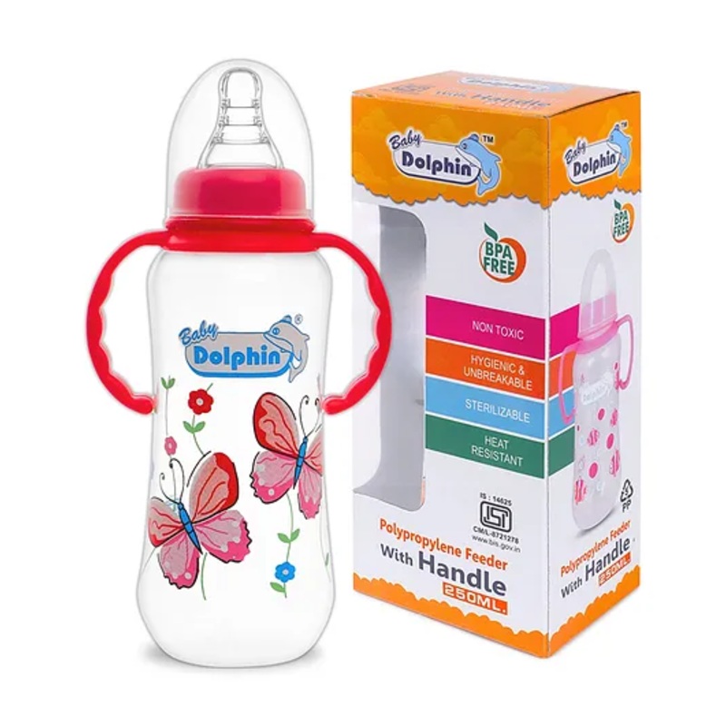 Baby Dolphin Anti-Colic Plastic Feeding Bottle 250ml with Handle | Liquid Silicone Nipple | BPA Free| Anti-Colic | Handle Feeding Bottle | Baby Milk Bottle| Butterfly |Red.