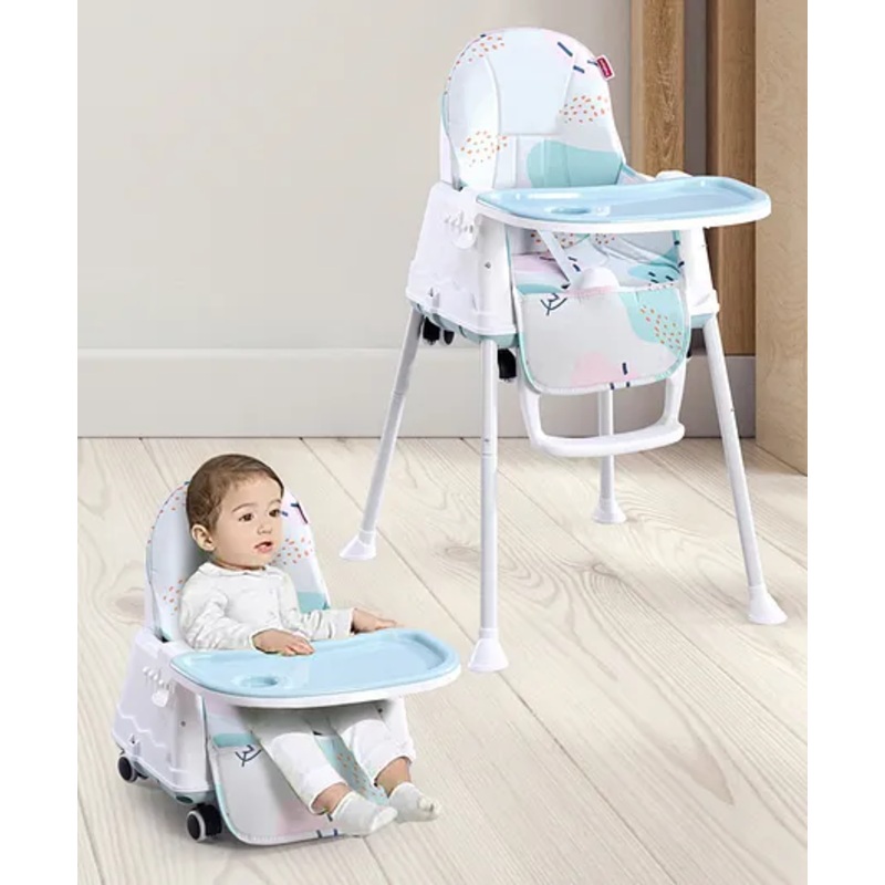Babyhug 3 in 1 Comfy High Chair with Printed Cushion| High Chair, Feeding Chair & Booster Chair| Adjustable Double Food Tray| Removable PU Leather Seat| Safety Harness| Removable Footrest