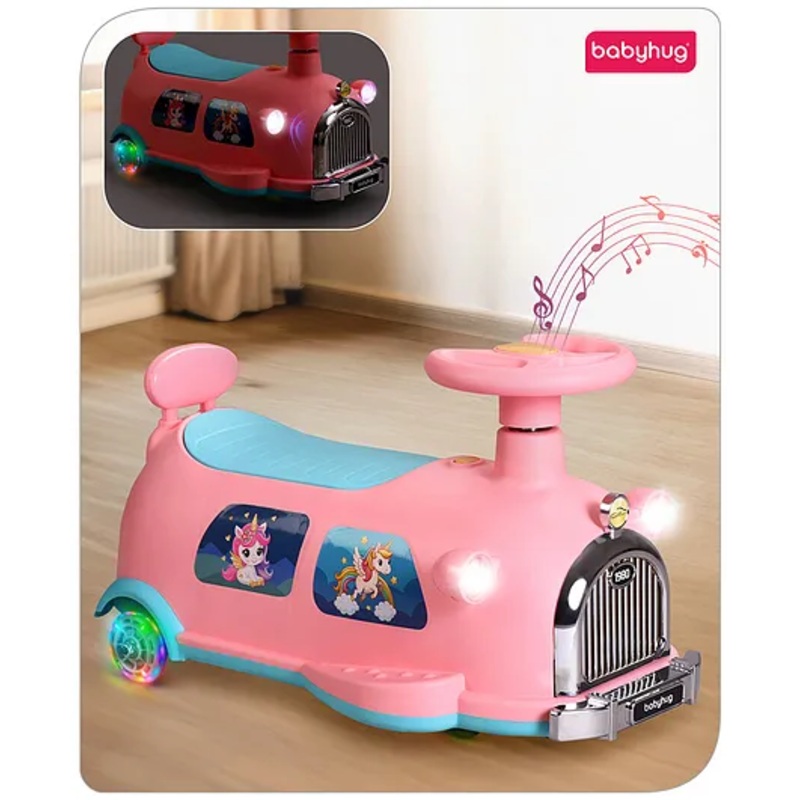 Babyhug Unicorn Kids Retro Swing Car| LED Lights and Music |Baby Magic Car|Toy Car | Push Car | Ride On Car |ABEC 7 Bearing|Weight Capacity Upto 50-KGS | Pink