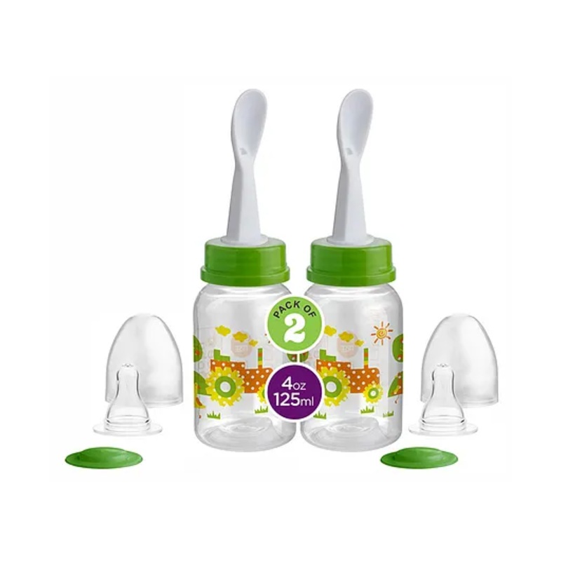 Beebaby 2 in 1 Gentle Slim Neck Baby Feeding Bottle with Nipple & Spoon Feeder Green Pack of 2 – 125 ml Each