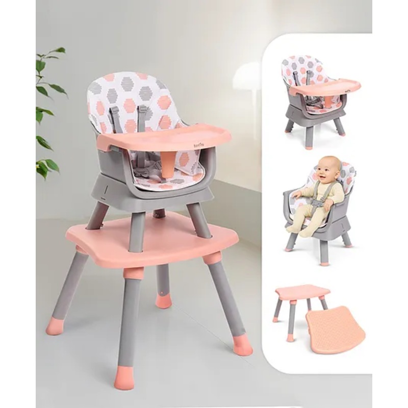 Bonfino Bliss 6-in-1 High Chair – Convertible Booster & Dining Chair, Study & Game Table with Removable Game Tray with Grooves – Pink| Anti-skid Legs| Removable Seat Cover| 5-point Safety Harness