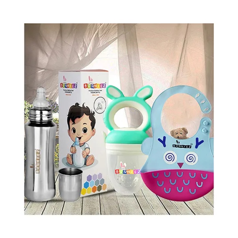 Bunniez Stainless Steel Baby Feeding Bottle -240ml and Silicone Baby Bib – Blue Magenta & Fruit Feeder – Light Green  – Combo of 3