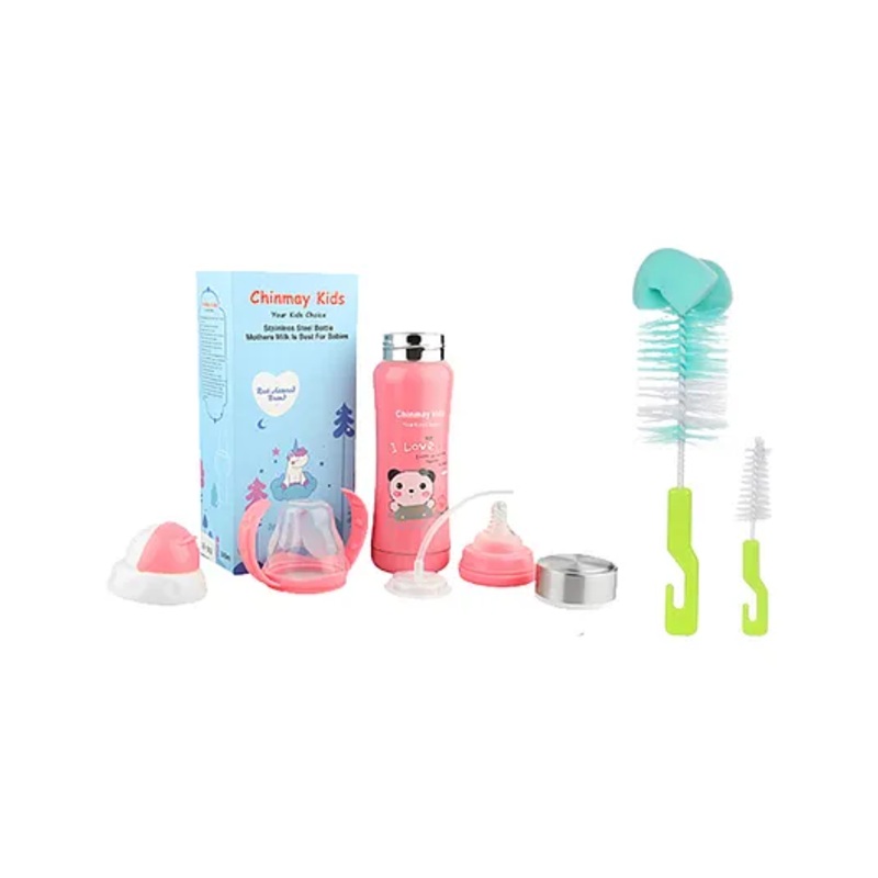 Chinmay Kids Combo of Baby Feeding Multifunctional Stainless Steel Milk Thermosteel Feeder Bottle with Multipurpose Baby Milk Bottle Brush Cleaner Pink Bottle Light Green Brush  – 240ml