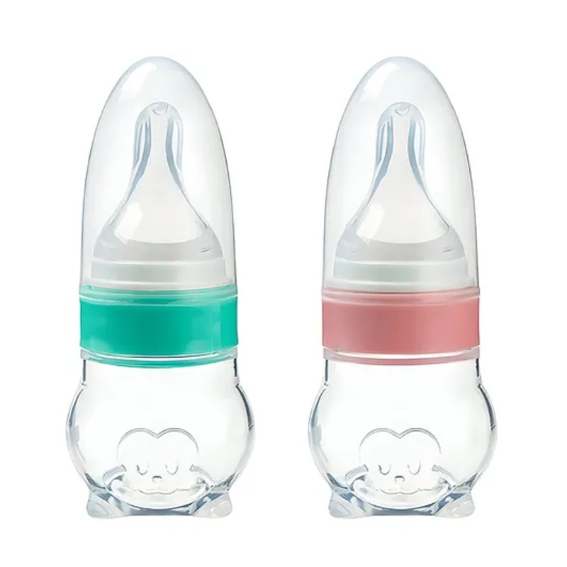 COZY VIBES Baby Bottle with Silicone Nipple Design Feeder, and Measuring Cup Head, Squeezable Bottle- PACK OF 1- COLOR MAY VARY