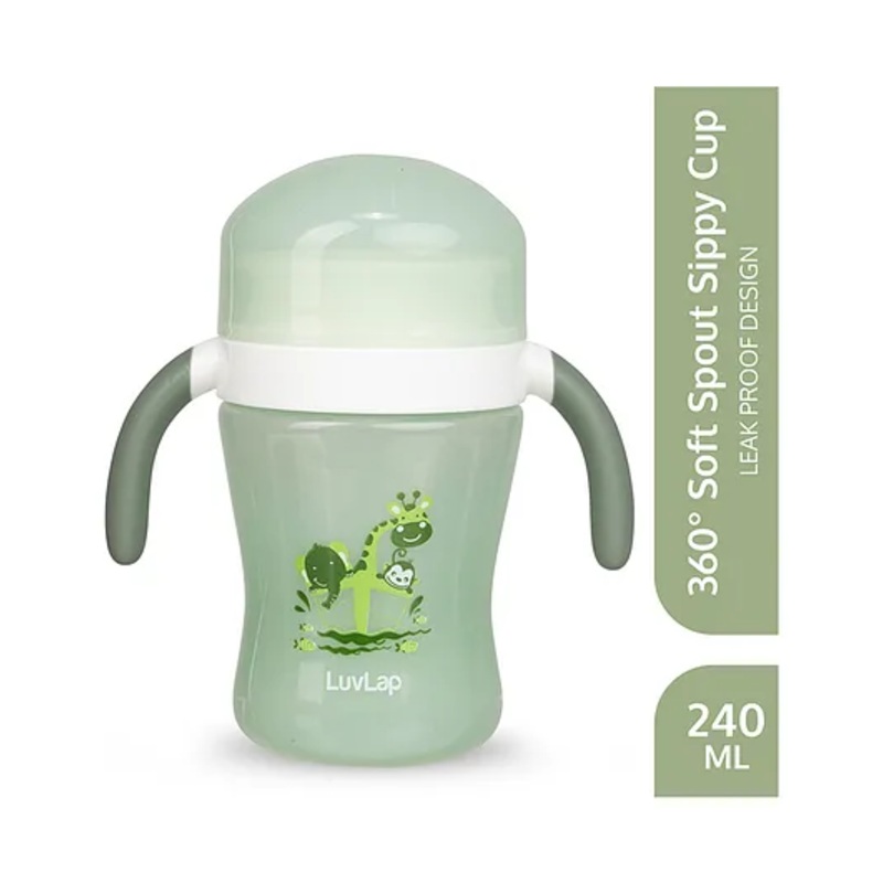 LuvLap 360 Soft Spout Baby Trainer Sipper, 240ml, Leakproof & Spillproof, Dual Handle, BPA-Free, Ergonomic Design, Green