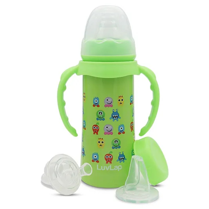 LuvLap 4-in-1 Slim Neck Steel Baby Bottle & Sipper with Handle, SS304 Rust-Free, BPA Free, Anti-Colic, Weighted Straw & Cap, Green, 240ml, 3M+